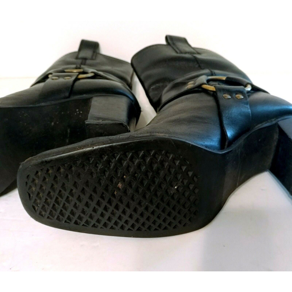 Whats What Harness Biker Boot Women's Black 6.5 Leather Brass Pull On Square Toe - Picture 3 of 12